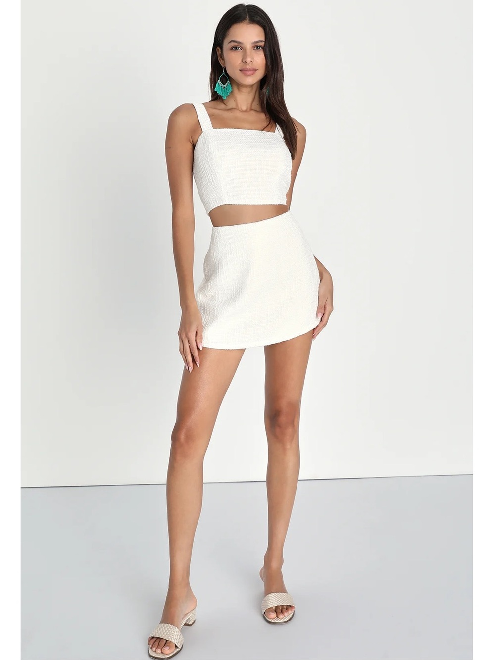 Lulus Elevated Attitude White Tweed Sleeveless Two-Piece Skort Romper Set